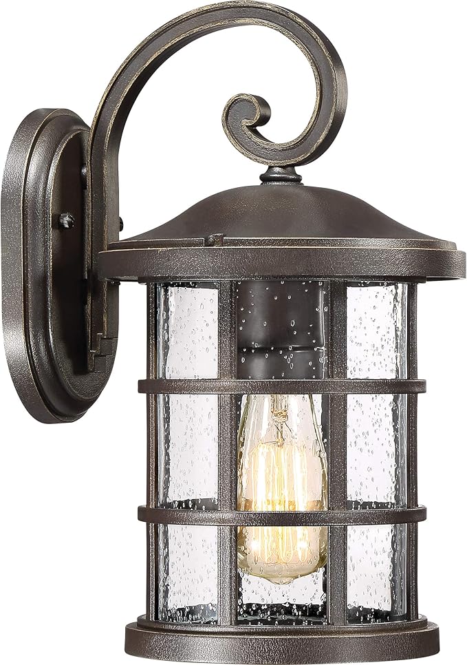 Quoizel Crusade Outdoor Wall Lantern, Coastal Armour 14.25 Inch 1-Light Palladian Bronze Wall Sconce, Clear Seeded Glass, 100W Exterior Wall Lantern Fixture, Outside Lights for Patio, Porch or Garage