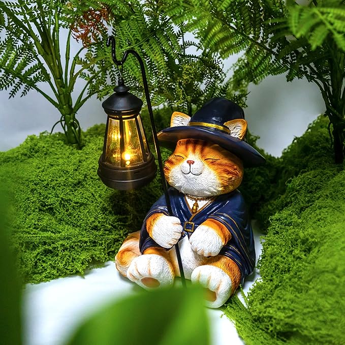 Decorative Solar Lights Garden Cat Statue Outdoor Figurine Light Themed Wizard Cat Lantern for Garden Decoration | Lumora