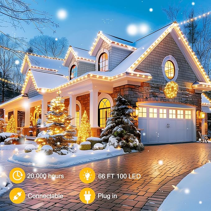 C9 LED Christmas String Lights, 66ft 100 LED Waterproof Strawberry String Lights, Plug-in Extendable Green Wire Lights String for Outdoor Indoor Outside Patio Wedding Party Decoration, Warm White