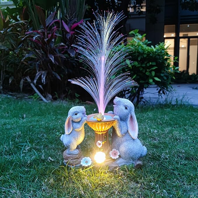 Solar Rabbit Garden Statues，LED Lights Outdoor with 7 Multi-Color Changing Modes Solar Garden Decor Yard Lights Outside Patio Lawn, Gifts for Mom Grandma Women Birthday