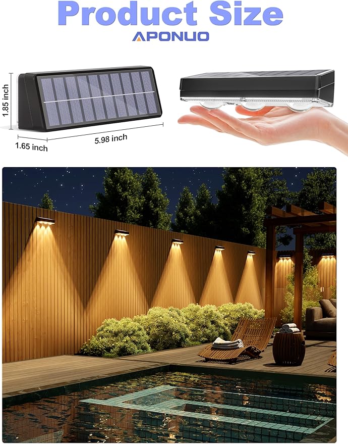 APONUO Solar Fence Lights Outdoor Waterproof, Fence Lights Solar Powered, 12 RGB Color Modes & Warm White & Cool White, Fence Solar Light Outdoor for Backyard, Patio, Wall, Deck, Yard（8 Pack, Black）