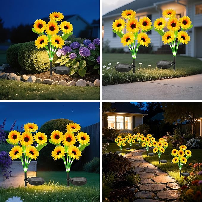 Anothera 6Pcs Solar Sunflower Lights Features Flashing or Steady-on Modes, Waterproof Sunflower Garden Lights for Outdoor Patio, Lawn, Valentine's Day Gifts for Wife and Girlfriend