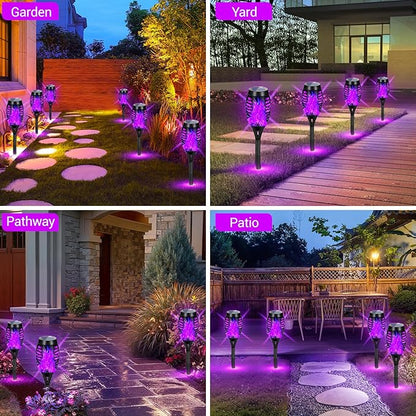 Solar Lights Outdoor Halloween Decorations, Upgraded 4 Pack Purple Solar Torch Lights with Flickering Flame, Waterproof Halloween Lights Outdoor, Tiki Torches for Outside Patio Pathway Decor