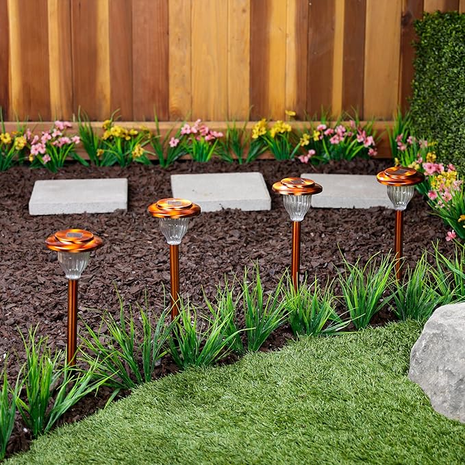 Alpine Corporation LBM174SLR-4 Solar Copper Stainless Steel Pathway LED Lights, 15" H, Bronze, Set of 4
