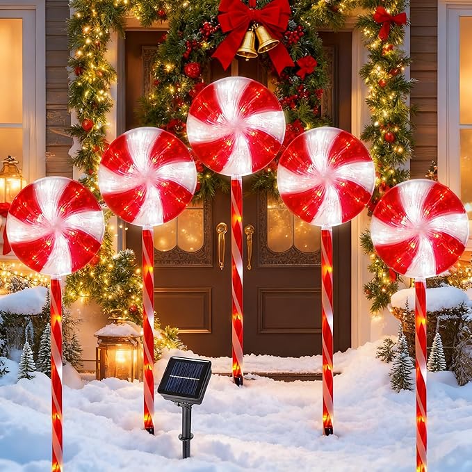 BRIGHTDECK Lollipop Solar Christmas Pathway Lights Outdoor, 5 Pack LED Christmas Decor with 8 Lighting Modes, Light Up Solar Stake Lights for Holiday, Xmas, Walkway, Sidewalk (Red, 5 PCS)