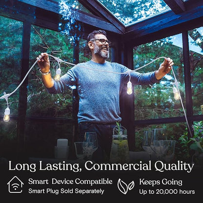 Brightech Bundle: Ambience Pro Waterproof LED Outdoor String Lights - Hanging, Dimmable 2W Vintage Edison Bulbs - White + Outdoor Dimmer Plug