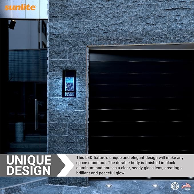 Sunlite LED Wall Sconce, Black Metal Frame with Raindrop Effect Glass Panel, 6.5" Wide, 5000K Super White, Indoor & Outdoor, ADA Compliant