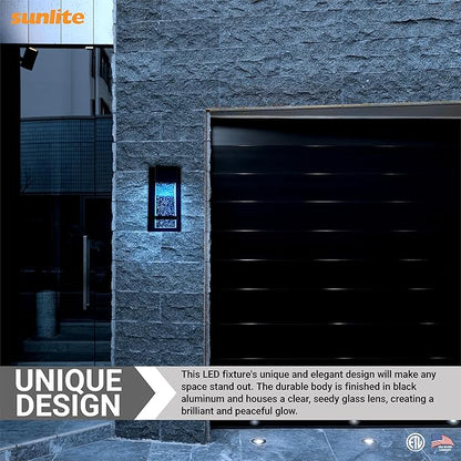 Sunlite LED Wall Sconce, Black Metal Frame with Raindrop Effect Glass Panel, 6.5" Wide, 5000K Super White, Indoor & Outdoor, ADA Compliant
