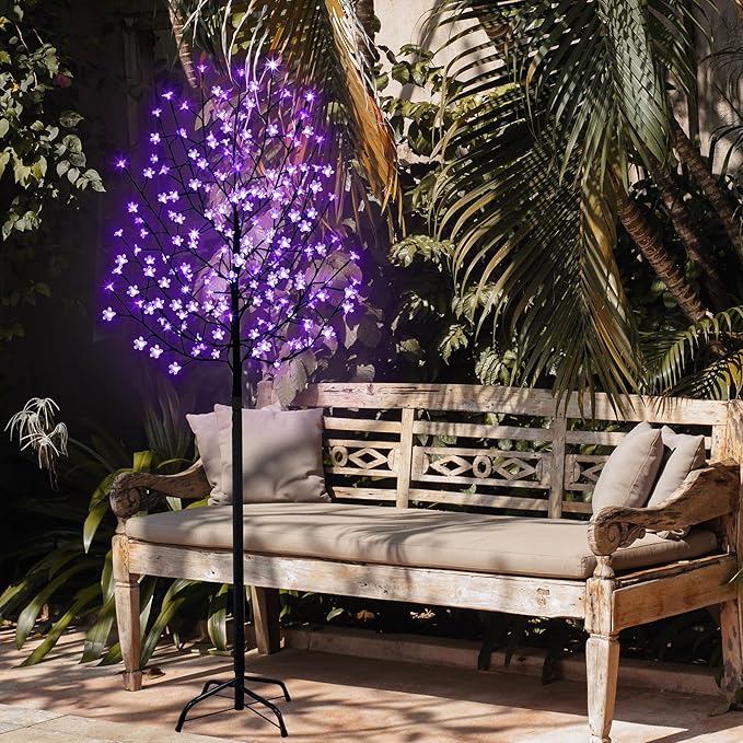 FUCHSUN 6 FT 200 LED Solar Cherry Blossom Tree Light, Lighted Garden Tree Outdoor Pathway Lights for Patio Yard Wedding Festival Home Christmas Decoration (Purple)