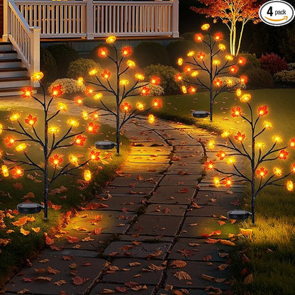 4 Pack Fall Solar Lights Outdoor, 80 LED Maple Pumpkin Stake Lights with 8 Mode, Waterproof Solar Pathway Lights for Garden Patio Yard Fall Outdoor Decor