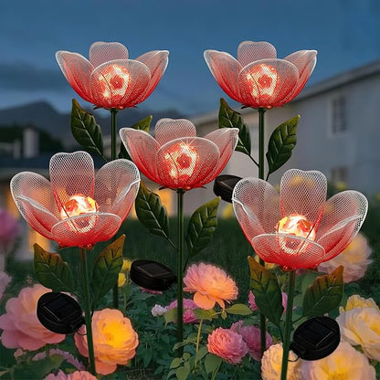 Solar Garden Lights,2 Pack Solar Metal Flowers with Breathing Light,Yard Pathway Lights Outdoor Solar Powered,Outside Lights for Yard Garden Outdoor Pathway Decor