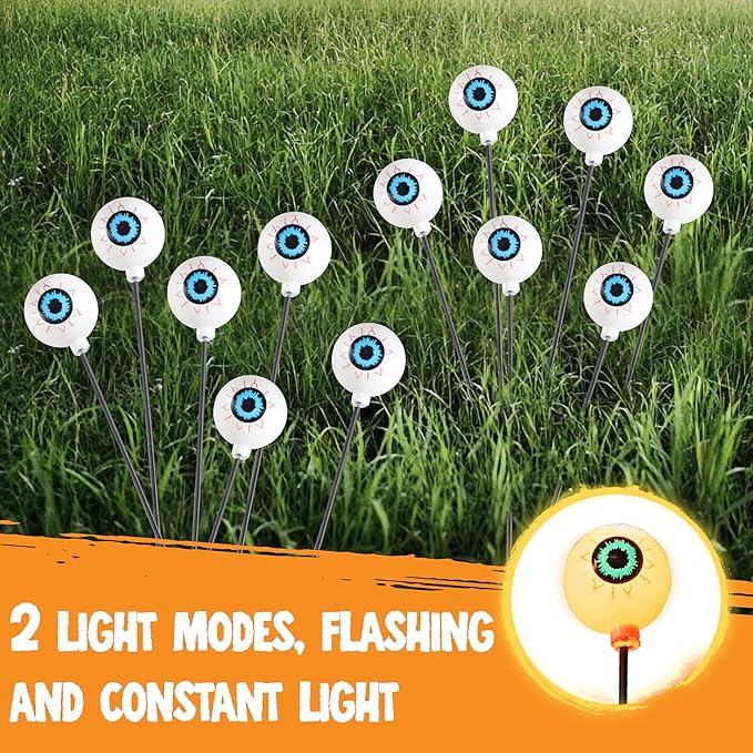 JOYIN Halloween Decorations Outdoor Solar Scary Eyeball Lights, 8 Pcs 48LEDs Warm Pathway Yard Stakes, Waterproof Firefly Lights for Halloween Graveyard Yard Garden Patio Walkway Party