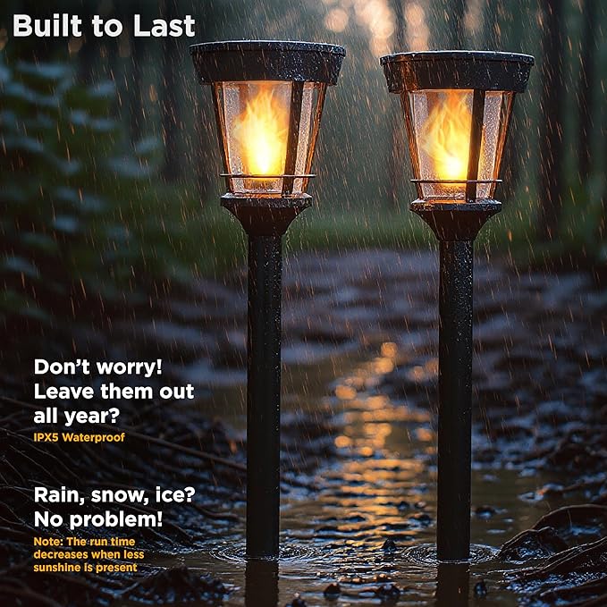 FoxFlame Classic Solar Path Torch - Elegant Flickering Flame Effect with Patented LED,IP65 Waterproof,Solar-Powered Lighting for Garden,Yard, and Landscape Ambiance Easy Stake Installation (2 Pack)