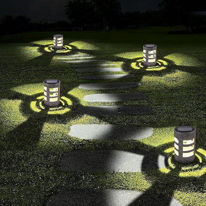 Solar Path Lights Outdoor 4 Pack, Decorative Pattern Lighting, Auto On/Off Dusk to Dawn, Waterproof Solar Powered Landscape Lights, Modern Resin Garden Lights for Yard Patio Walkway (Gray)