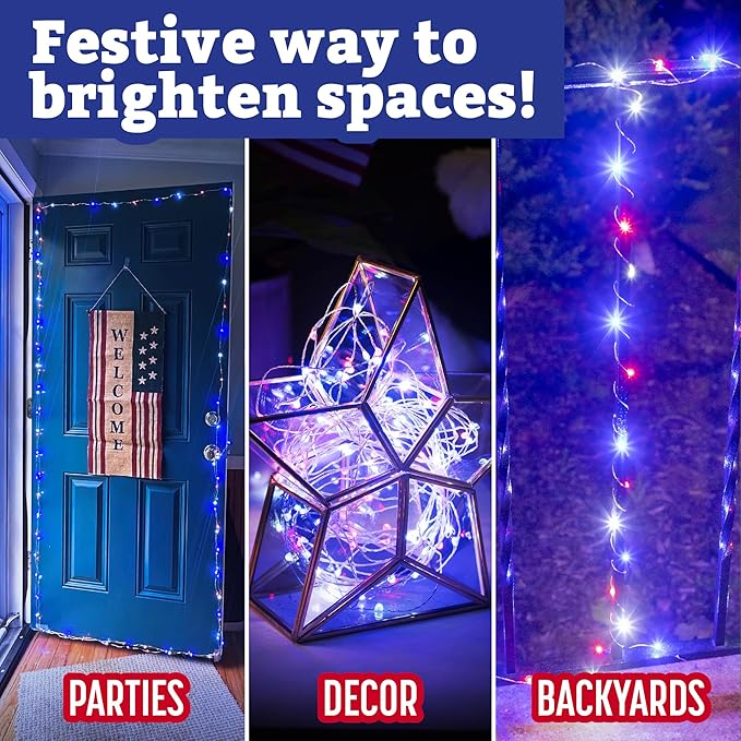 SCS Direct Red, White, & Blue Fairy String Lights, 33 ft / 10 m - Patriotic LED Indoor/Outdoor Decor for American | Lumora