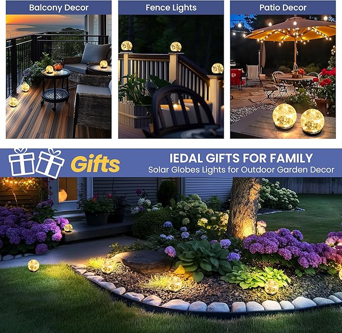 Solar Lights Outdoor for Yard Patio Porch, Garden Decor Birthday Gifts for Mom Women, Solar Globe Lights Waterproof Cracked Glass Ball Outdoor Decorations Balcony Backyard (4 Pack Warm White)