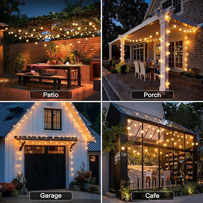50FT Outdoor String Lights with Remote Dimmer, 25 + 2 Spare Led G40 Bulbs Connectable Dimmable Balcony Lights, Support Timer Waterproof Shatterproof for Patio Porch Garage Cafe