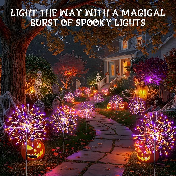 suddus Solar Halloween Lights Outdoor Solar Powered, Upgrade 2-Pack Orange & Purple Solar Firework Lights | Lumora