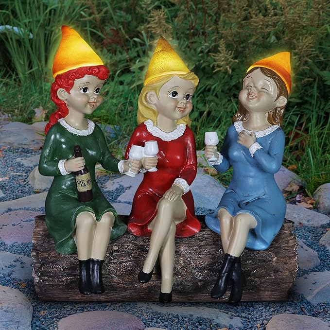 Exhart Garden Gnomes, Girl's Night Wine Drinking Solar Garden Gnome Statue, LED Hats, Outdoor Lawn and Yard Decoration, 5.5 x 10.5 x 9.5 Inch, Multicolor, Resin