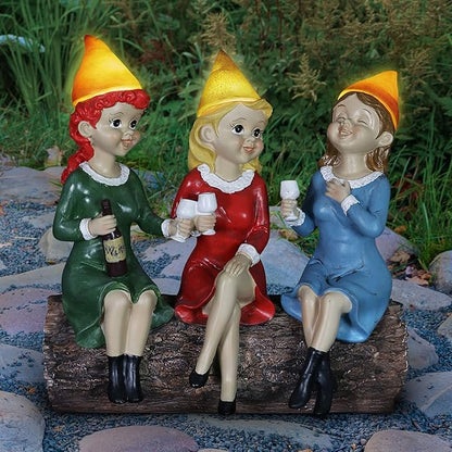 Exhart Garden Gnomes, Girl's Night Wine Drinking Solar Garden Gnome Statue, LED Hats, Outdoor Lawn and Yard Decoration, 5.5 x 10.5 x 9.5 Inch, Multicolor, Resin