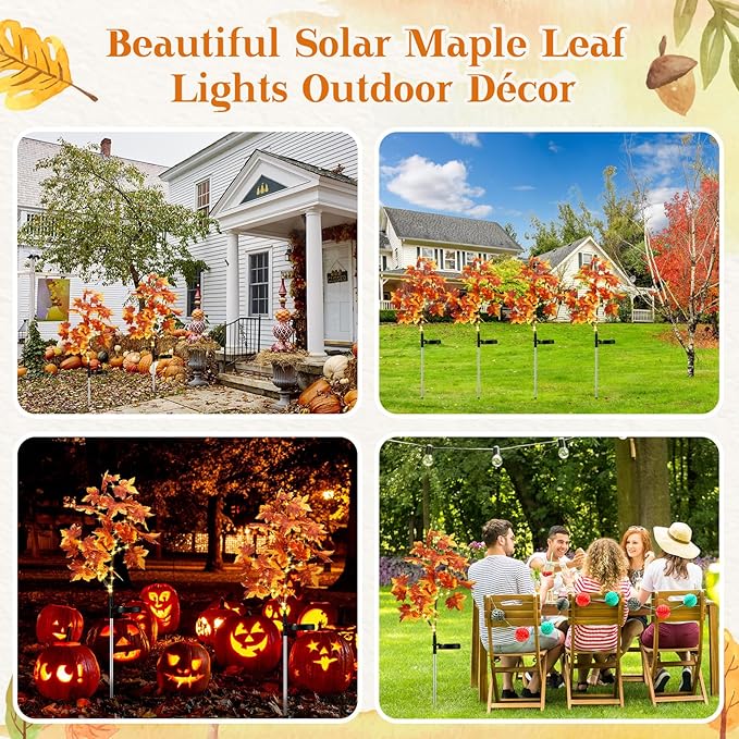 2 Pack Fall Solar Lights Outdoor Decorative, 35 LED Maple Leaf Solar Stake Lights Waterproof Fall Decor for Autumn Garden Yard Outside Pathway Halloween Thanksgiving Decorations