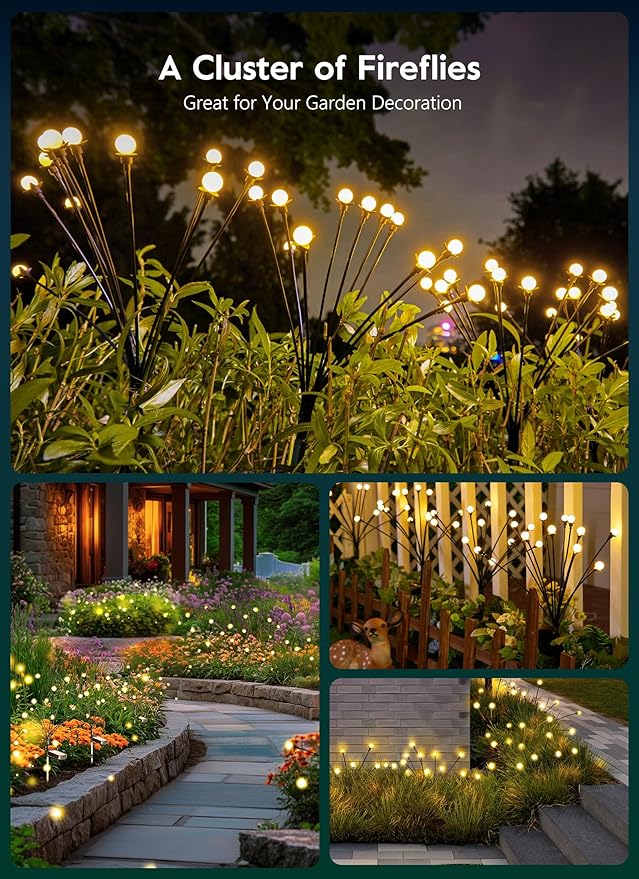 Brightown Solar Garden Lights - 4 Pack 48 LED Firefly Lights with 2 Lighting Mode, Sway by Wind, Waterproof Solar Light for Outdoor Outside Yard, Warm White