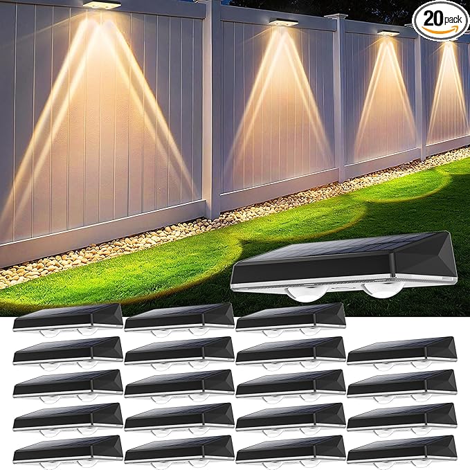 Solar Fence Lights Outdoor, 20-Pack 120LM Fence Lights Solar Powered, IP67 Waterproof Dusk to Dawn Auto On/Off 12+ Hours for Outside/Backyard/Wall/Step/Patio/Deck/Pool (Warm White & RGB 7 Colors)