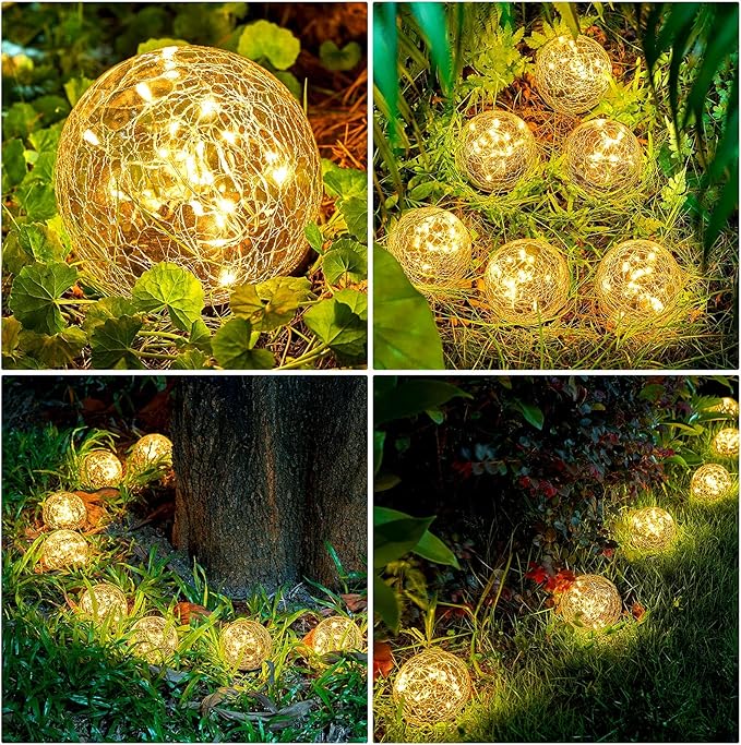 Honoson Solar Globe Lights Outdoor - Waterproof Cracked Glass Balls for Garden, Patio, Lawn & Yard, Warm White Solar LED Lights with Easy Installation & Durable Design(6 Inch,4 Pieces)
