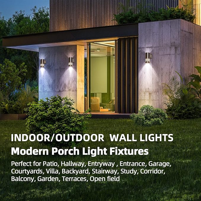 Outdoor Wall Sconce,Cylinder Wall Light with Stainless Steel 304 and Toughened Glass,Waterproof Up Down Light for Garden Patio Bedroom Living Room (Brushed Nickel, 8.7" Height,No Bulbs)