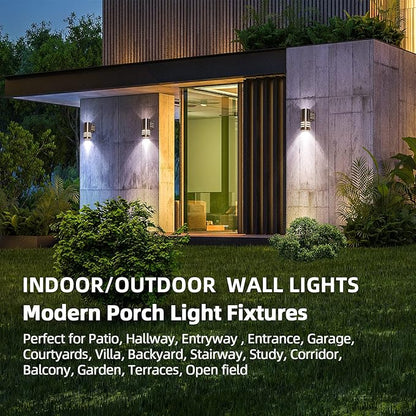 Outdoor Wall Sconce,Cylinder Wall Light with Stainless Steel 304 and Toughened Glass,Waterproof Up Down Light for Garden Patio Bedroom Living Room (Brushed Nickel, 8.7" Height,No Bulbs)