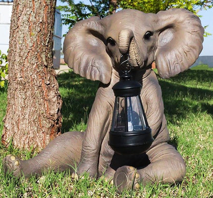 Ebros Safari Savanna Wildlife Animal Melee Adorable Pachy Elephant Statue Home Patio Decor Figurine with Solar LED Light Lantern Lamp 13.75" H Guest Greeter Elephants Path Lighter Sculpture