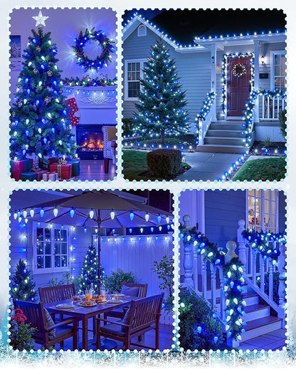 C9 LED Christmas Lights Outdoor with 100 Spring Clips, 65FT 100 LED C9 String Lights Waterproof Connectable for Outside Roofline Patio House Yard Windows Outdoor Christmas Decorations, Blue White