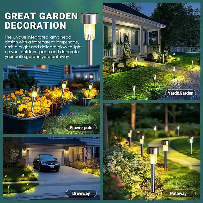 GIGALUMI Solar Lights Outdoor Waterproof, 20 Pack, Stainless Steel LED Solar Garden Lights for Patio, Lawn, Yard and Landscape,Garden Decor Patio Decor, Warm White