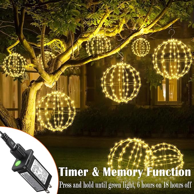 Joomer 2 Pack Christmas Ball Lights, 13IN & 11IN Foldable Metal Sphere Light, Connectable - Outdoor String Light | Lumora