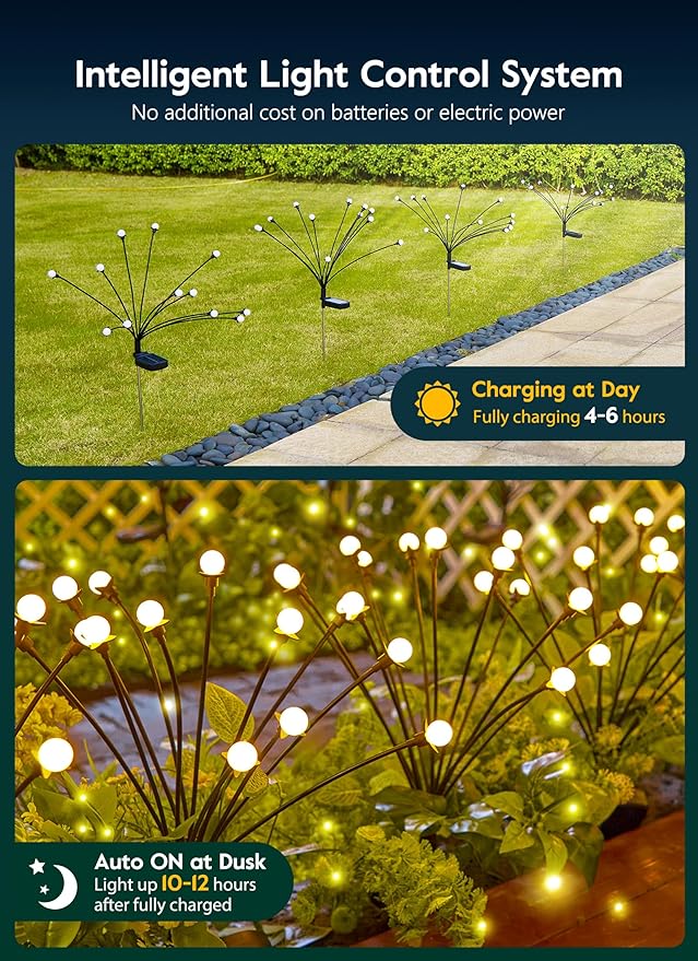 Brightown Solar Garden Lights - 4 Pack 48 LED Firefly Lights with 2 Lighting Mode, Sway by Wind, Waterproof Solar Light for Outdoor Outside Yard, Warm White