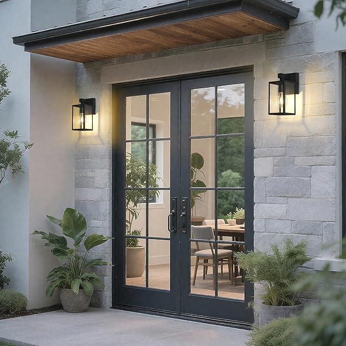 LALUZ Black Outdoor Wall Lights 2 Pack, 9.3'' Modern Farmhouse Rectangle Porch Lights Outdoor Wall with Clear Glass Set of 2, Waterproof Anti-Rust Exterior Outside Wall Sconces Lighting Light Fixtures
