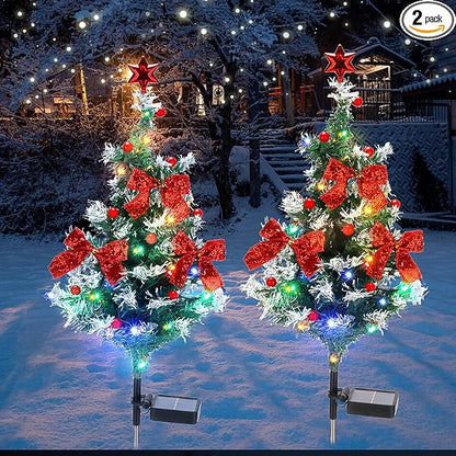 Solar Christmas Tree Light - Christmas Waterproof Small Pathway Lights, Outdoor Lights Christmas Decorations Cedar Xmas Tree with 20 LED Lights in 4 Colors for Garden/Yard/Patio, 2 Packs
