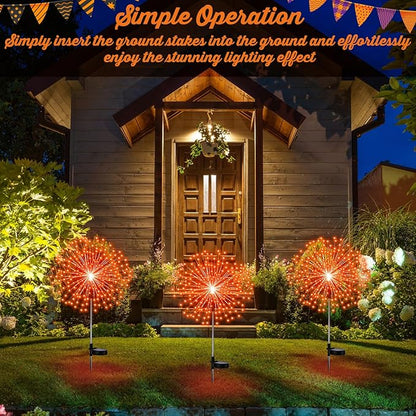 4 Pcs Christmas Solar Decoration Outdoor Orange Solar Firework Lights 180 LED 8 Modes Waterproof LED Stake Sparkler Decor for Holiday Walkway Pathway Garden Driveway Path Lawn Yard (Orange)