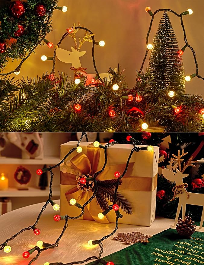 BOHON Christmas Lights 17FT 50 LED Faceted G15 Red and Warm White String Lights Outdoor Plug in Commercial Lighting Grade Tree Decorations for Indoor Xmas Decor, Green Wire, Waterproof