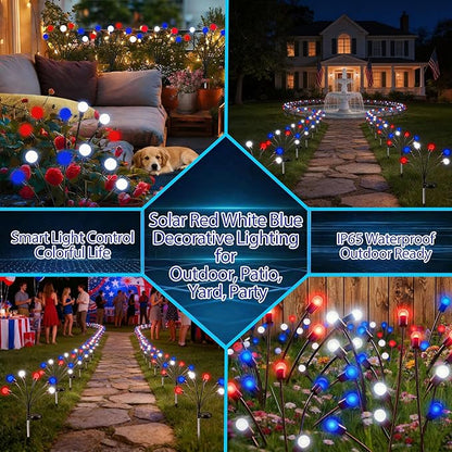 Patriotic Solar Firefly Lights 2 Pack Red White Blue Swaying Outdoor Lights 6 LED Each Waterproof Solar Stake Light for 4th of July Memorial Day Independence Day Yard Garden Patio Decor