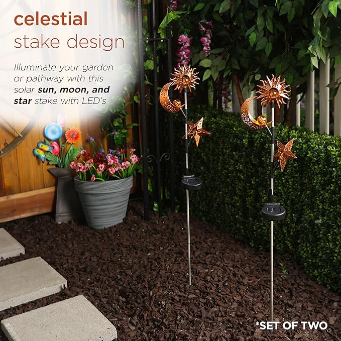 Alpine Corporation 38" Tall Solar Celestial Garden Stakes with Warm White LED Lights Sun, Moon and Star, Outdoor Decor - Set of 2