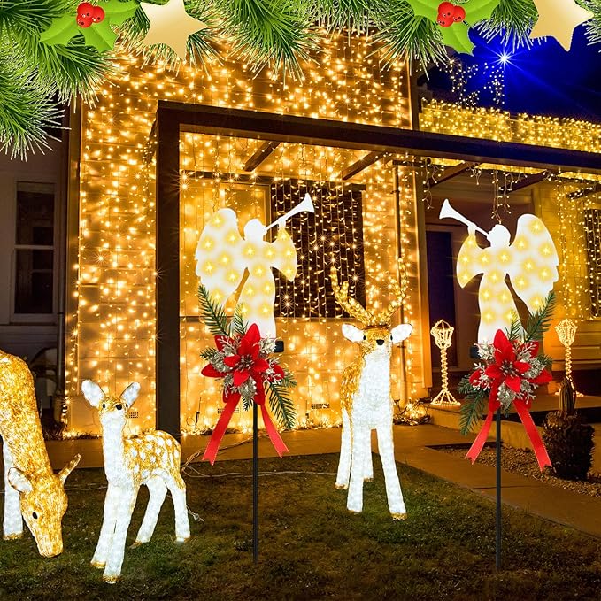 Baquler 2 Pack Solar Christmas Angel Stake Lights 32 Inches Solar Powered Xmas Angel Metal Stake Lights with Poinsettia for Outdoor Christmas Yard Pathway Garden Lawn Decorations
