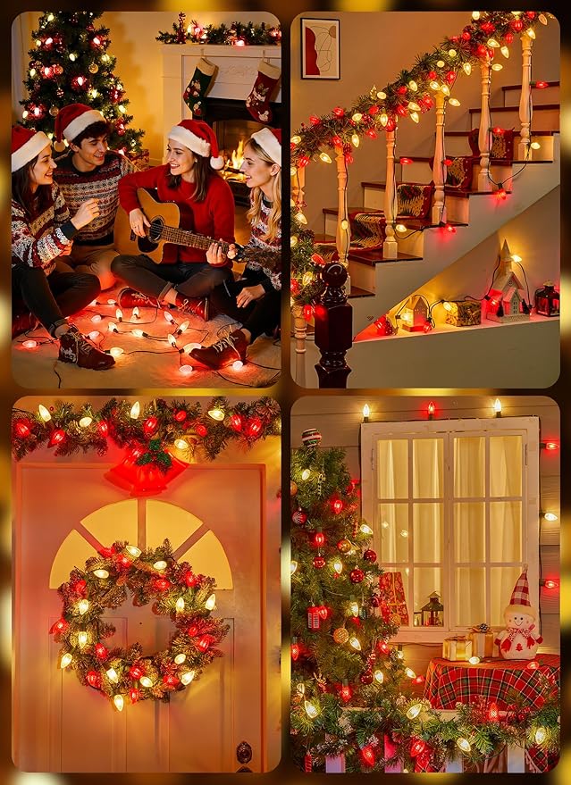 100 Feet Led Christmas Lights, Red and Warm White C9 Christmas String Lights Outdoor, 100 Strawberry Bulbs | Lumora