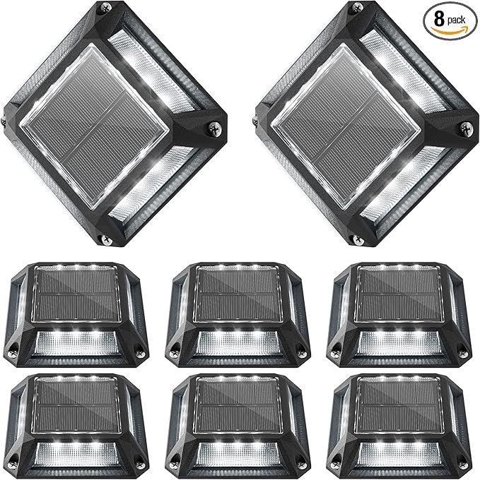 JACKYLED Solar Deck Lights Driveway Dock Lights 8 Pack 12 LEDs Outdoor IP68 Waterproof Road Markers for Step Backyard Path Walkway (Cool White)
