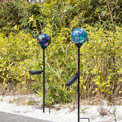 VCUTEKA Solar Garden Decorative Lights Outdoor, Mosaic Solar Light Waterproof LED Pathway Stake Light for Landscape Patio Yard Deck Walkway Decoration, 2 Pack （Blue&Purple）