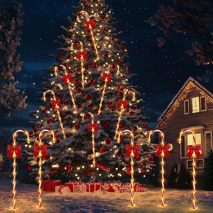 Christmas Candy Cane Pathway Lights, 24PCS 240 LED Christmas Lights Outdoor Decorations with Red Bow Waterproof, 8 Modes Timer Remote Walkway for Xmas Home Yard Lawn Patio Decor