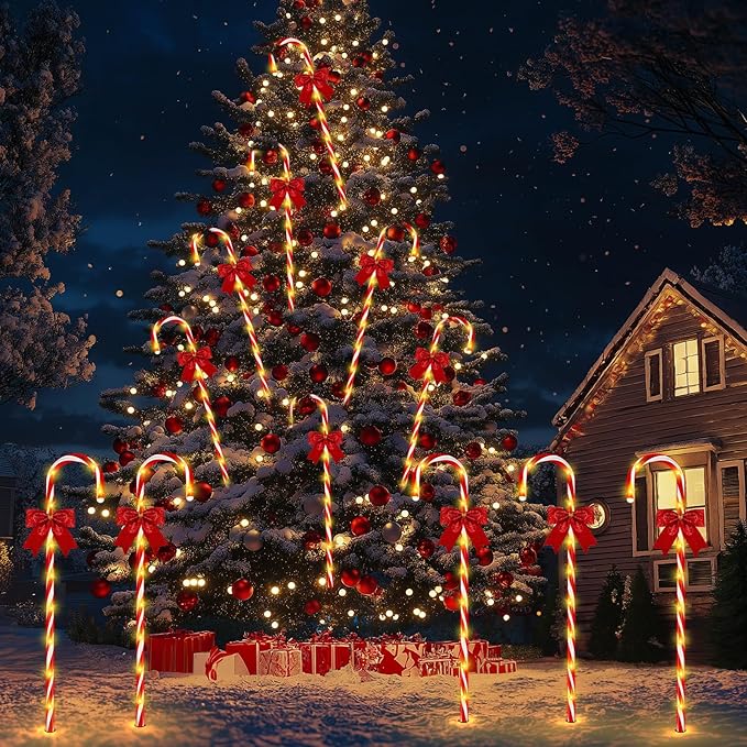Christmas Candy Cane Pathway Lights, 12PCS 120 LED Christmas Lights Outdoor Decorations with Red Bow Waterproof, 8 Modes Timer Remote Christmas Walkway Light for Xmas Home Yard Lawn Patio Decor