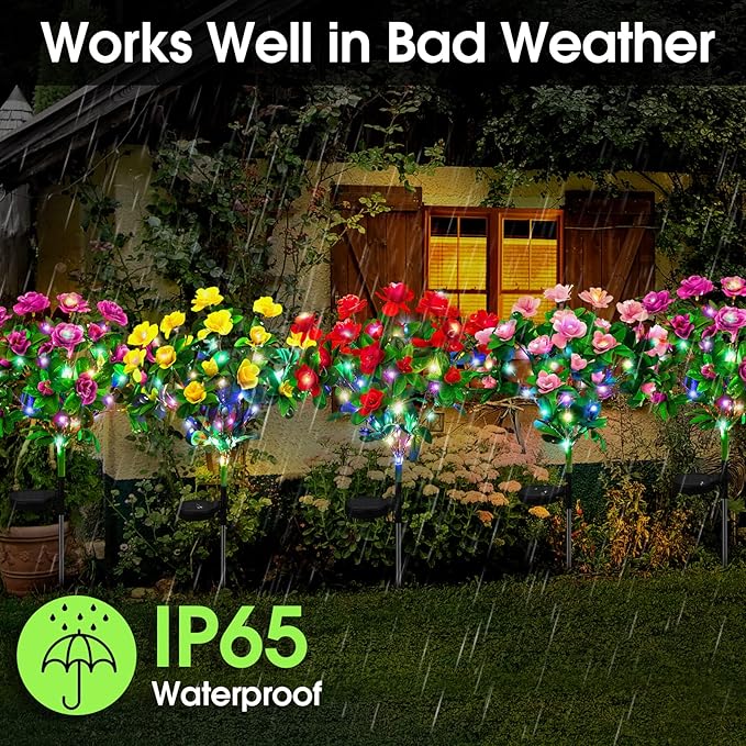 Ouddy Decor 4 Pack Solar Garden Lights, Solar Azalea Flowers with 56 Colorful LED Upgrade Waterproof Pathway Lights for Yard Decor Fence Patio Lawn Decor Mothers Day Gardening Gifts