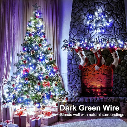 Blue and White Christmas Lights Outdoor, 100FT 300 LED Christmas Tree Lights with 8 Modes Waterproof, Connectable Green Wire String Twinkle Lights for Indoor Patio Garden Xmas Party Decorations