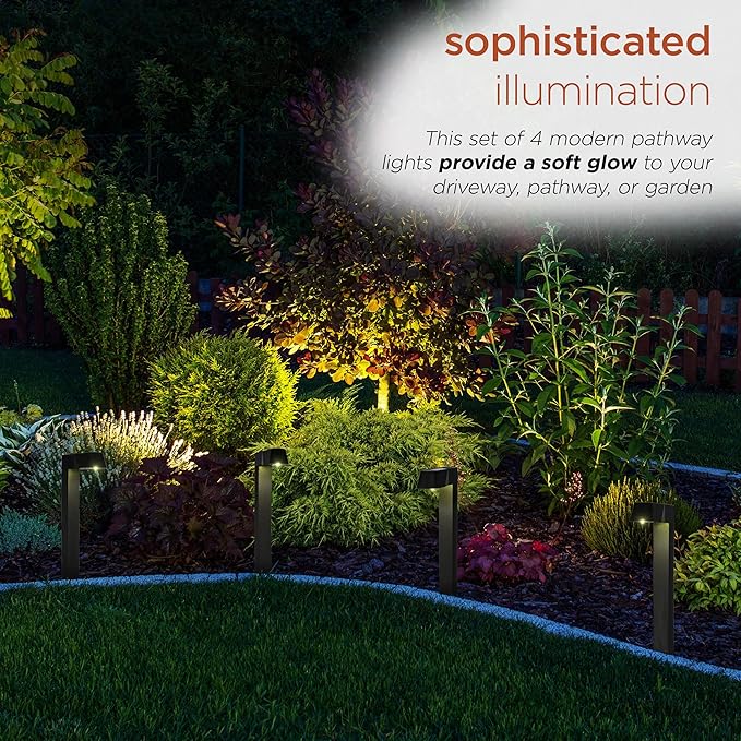 Alpine Corporation 18" H Outdoor Solar Modern Pathway Lights, Waterproof Cool White LEDs, Matte Black - Set of 4